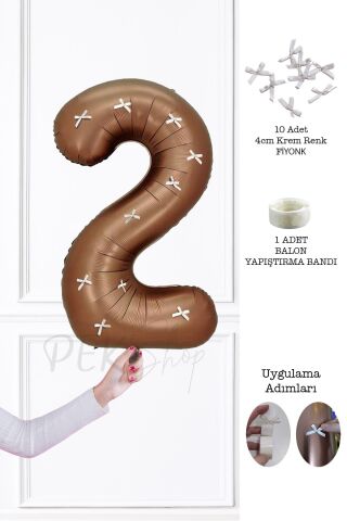 Fiyonklu Retro Çikolata Kahve Rakam Balon 80 cm Fiyonk Kurdeleli 8