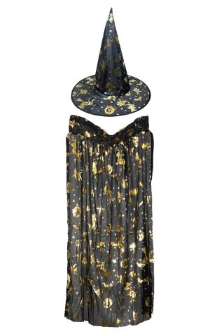 Cadılar Bayramı Pelerin Şapka Takımı Lüks Siyah Üzeri GOLD Baskılı Halloween Pelerin Çocuk Kostüm