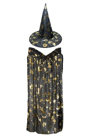 Cadılar Bayramı Pelerin Şapka Takımı Lüks Siyah Üzeri GOLD Baskılı Halloween Pelerin Çocuk Kostüm