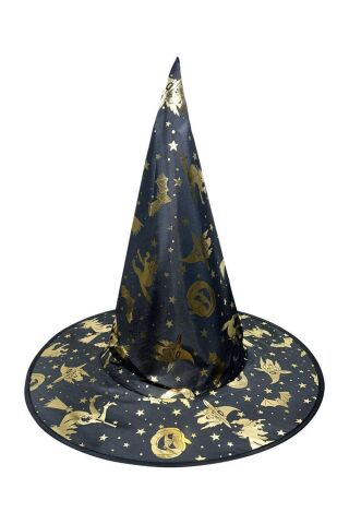 Cadılar Bayramı Pelerin Şapka Takımı Lüks Siyah Üzeri GOLD Baskılı Halloween Pelerin Çocuk Kostüm