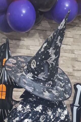 Cadılar Bayramı Pelerin Şapka Takımı Lüks Siyah Üzeri GÜMÜŞ Baskılı Halloween Pelerin Çocuk Kostüm