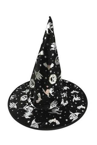 Cadılar Bayramı Pelerin Şapka Takımı Lüks Siyah Üzeri GÜMÜŞ Baskılı Halloween Pelerin Çocuk Kostüm