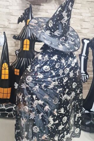 Cadılar Bayramı Pelerin Şapka Takımı Lüks Siyah Üzeri GÜMÜŞ Baskılı Halloween Pelerin Çocuk Kostüm