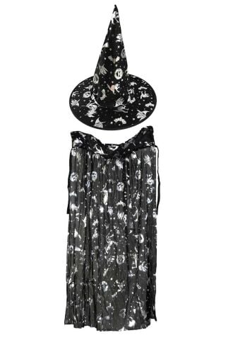 Cadılar Bayramı Pelerin Şapka Takımı Lüks Siyah Üzeri GÜMÜŞ Baskılı Halloween Pelerin Çocuk Kostüm