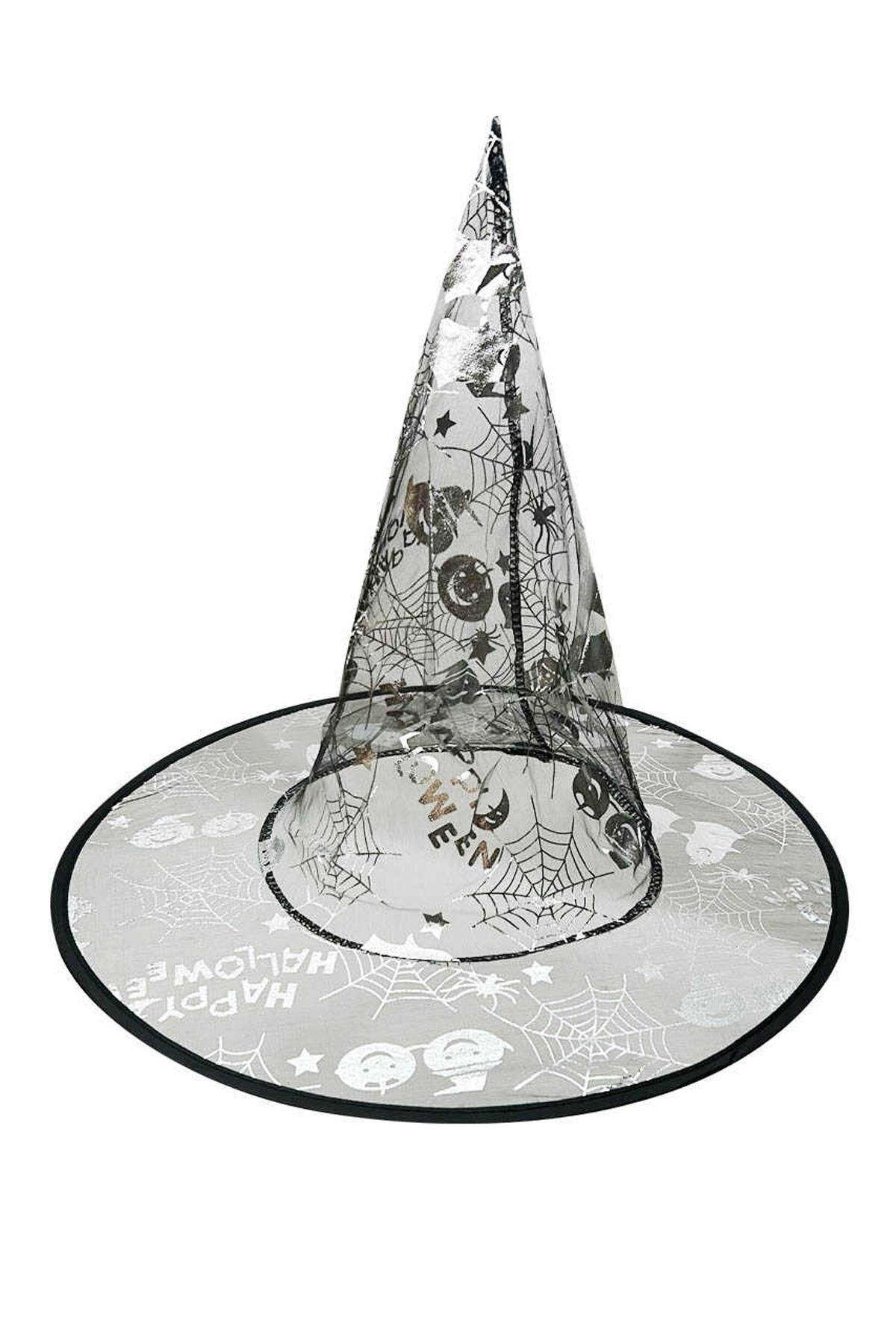 Cadılar Bayramı Şapkası Tül GÜMÜŞ Desenli Halloween Şapkası