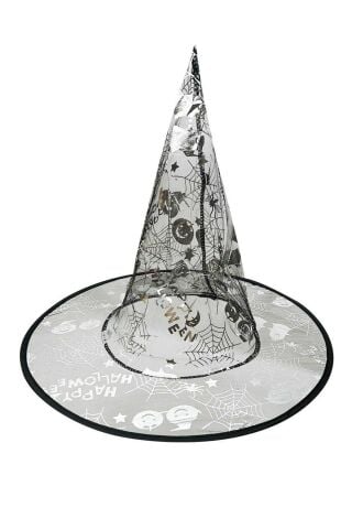 Cadılar Bayramı Şapkası Tül GÜMÜŞ Desenli Halloween Şapkası
