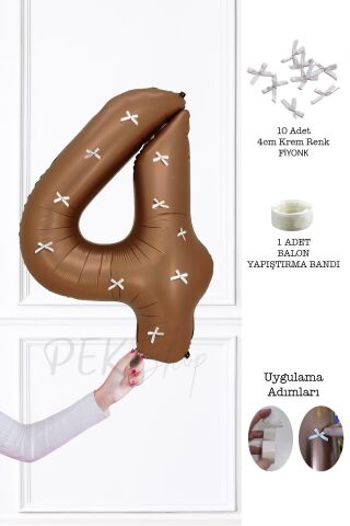 Fiyonklu Retro Çikolata Kahve Rakam Balon 80 cm Fiyonk Kurdeleli 4