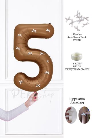 Fiyonklu Retro Çikolata Kahve Rakam Balon 80 cm Fiyonk Kurdeleli 5