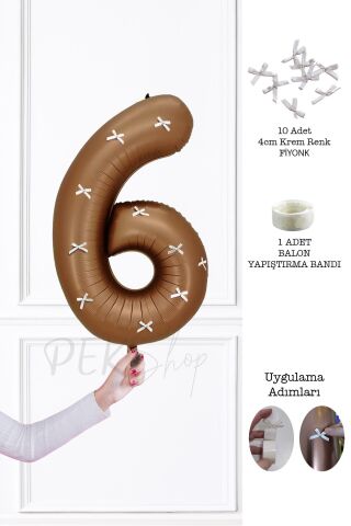 Fiyonklu Retro Çikolata Kahve Rakam Balon 80 cm Fiyonk Kurdeleli 6