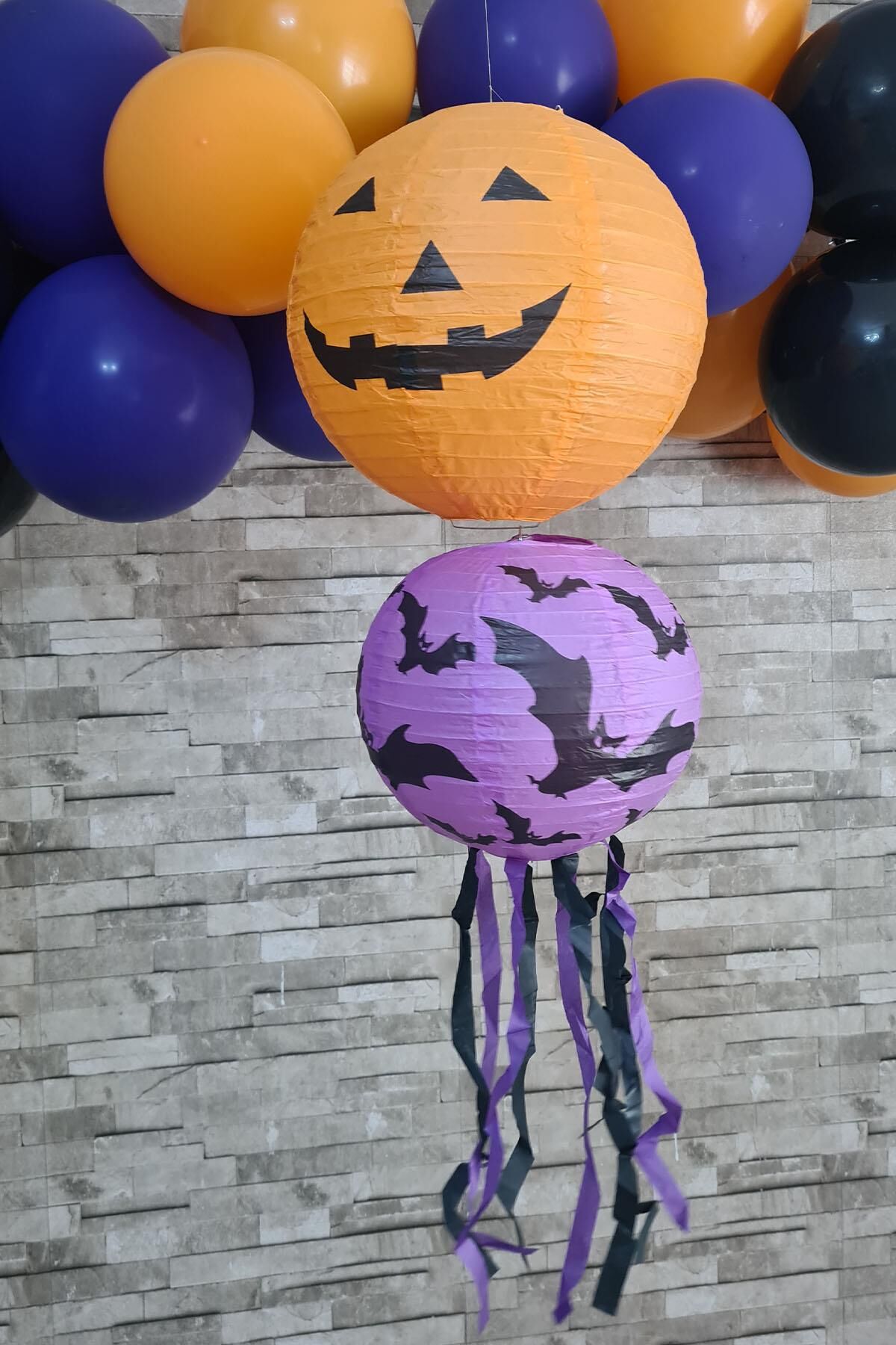 Cadılar Bayramı Fener Süsleri Tavan Süsü İkili Halloween Kağıt Fener Süsler Balkabağı Yarasa