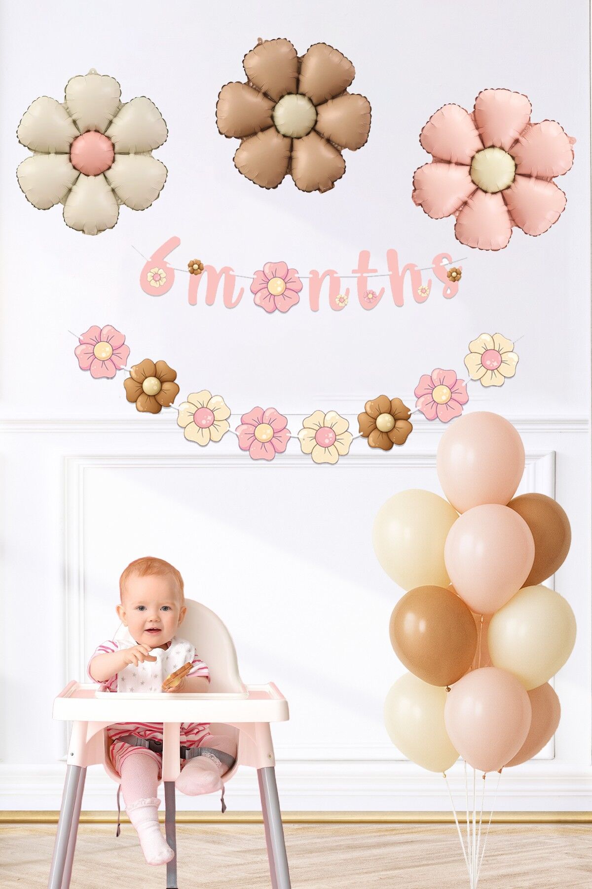 Bohem Papatya Tema 6 Aylık Balon Süsleme Seti 6 Months Duvar Süsleme Seti