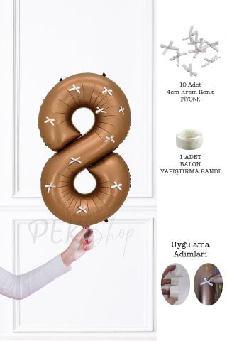 Fiyonklu Retro Çikolata Kahve Rakam Balon 80 cm Fiyonk Kurdeleli 8