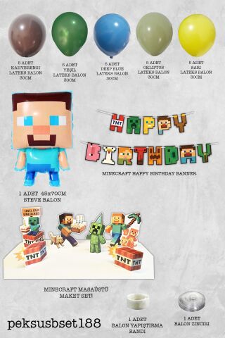 Minecraft Konsept Doğum Günü Süsleme Seti Steve Folyo Balonlu Lüks Paket