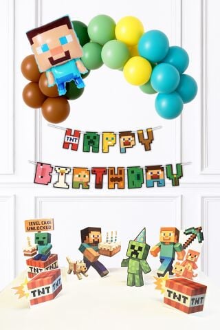 Minecraft Konsept Doğum Günü Süsleme Seti Steve Folyo Balonlu Lüks Paket