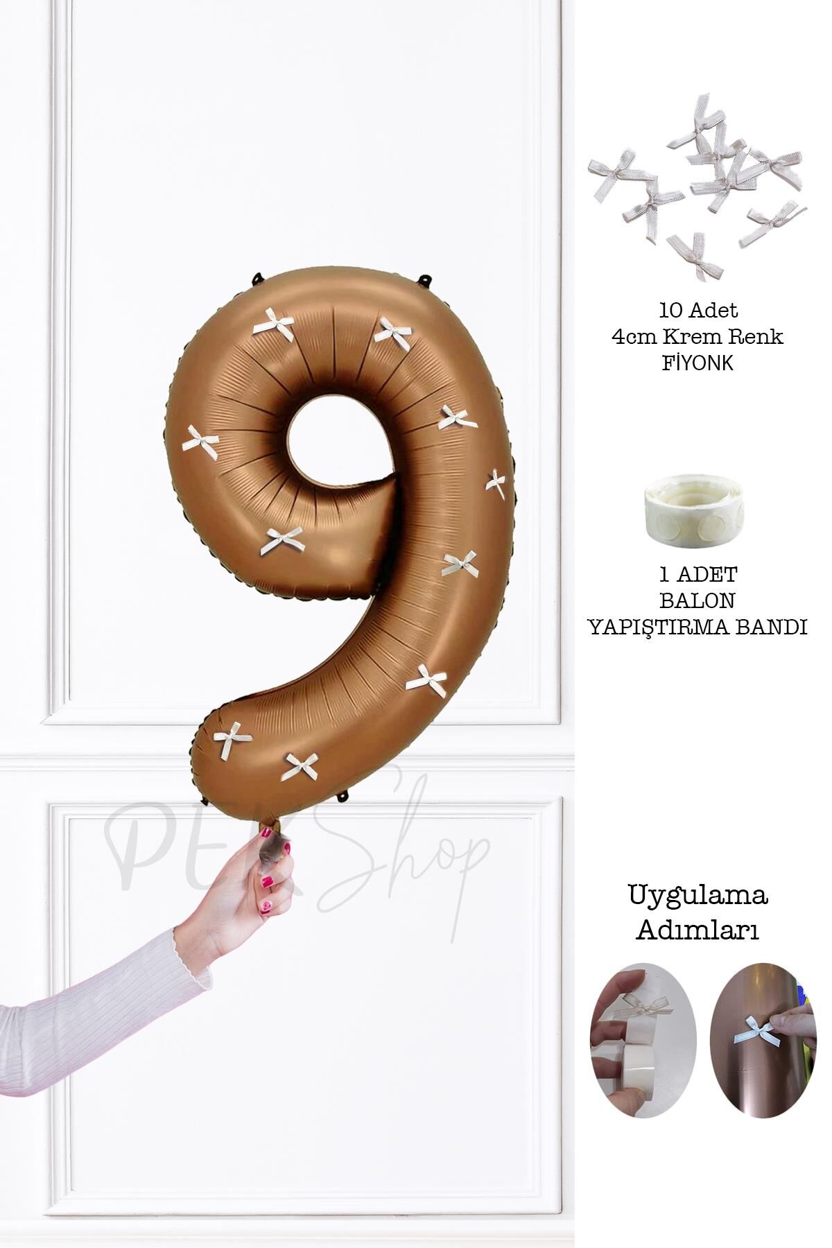 Fiyonklu Retro Çikolata Kahve Rakam Balon 80 cm Fiyonk Kurdeleli 9