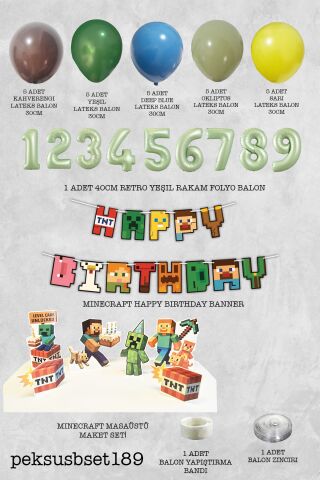 Yaş Balonlu Minecraft Tema Doğum Günü Balon ve Masa Maket Seti
