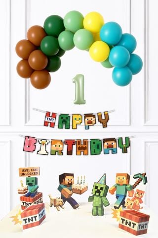 Yaş Balonlu Minecraft Tema Doğum Günü Balon ve Masa Maket Seti