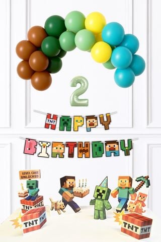 Yaş Balonlu Minecraft Tema Doğum Günü Balon ve Masa Maket Seti