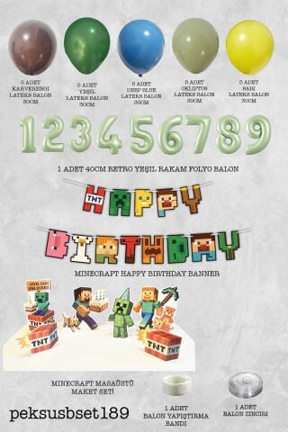 Yaş Balonlu Minecraft Tema Doğum Günü Balon ve Masa Maket Seti