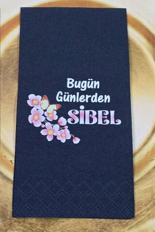 Pembe Çiçekler Konsept Baskılı Siyah Peçete