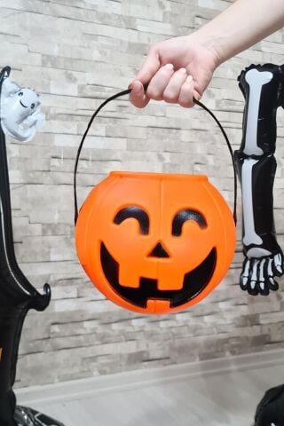 Cadılar Bayramı Şeker Kovası Büyük Boy Turuncu Kabak 18cm Halloween Şeker Kovası