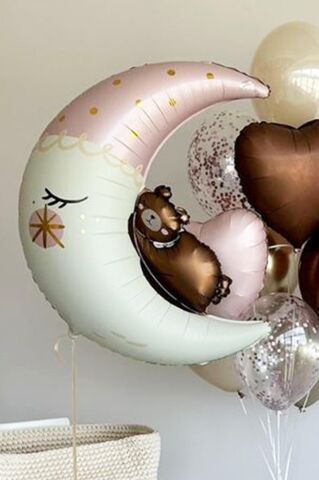 Ayıcıklı Ay Balon Sevimli Ayı Ay Dede Folyo Balon Doğum Baby Shower Balonu 80cm