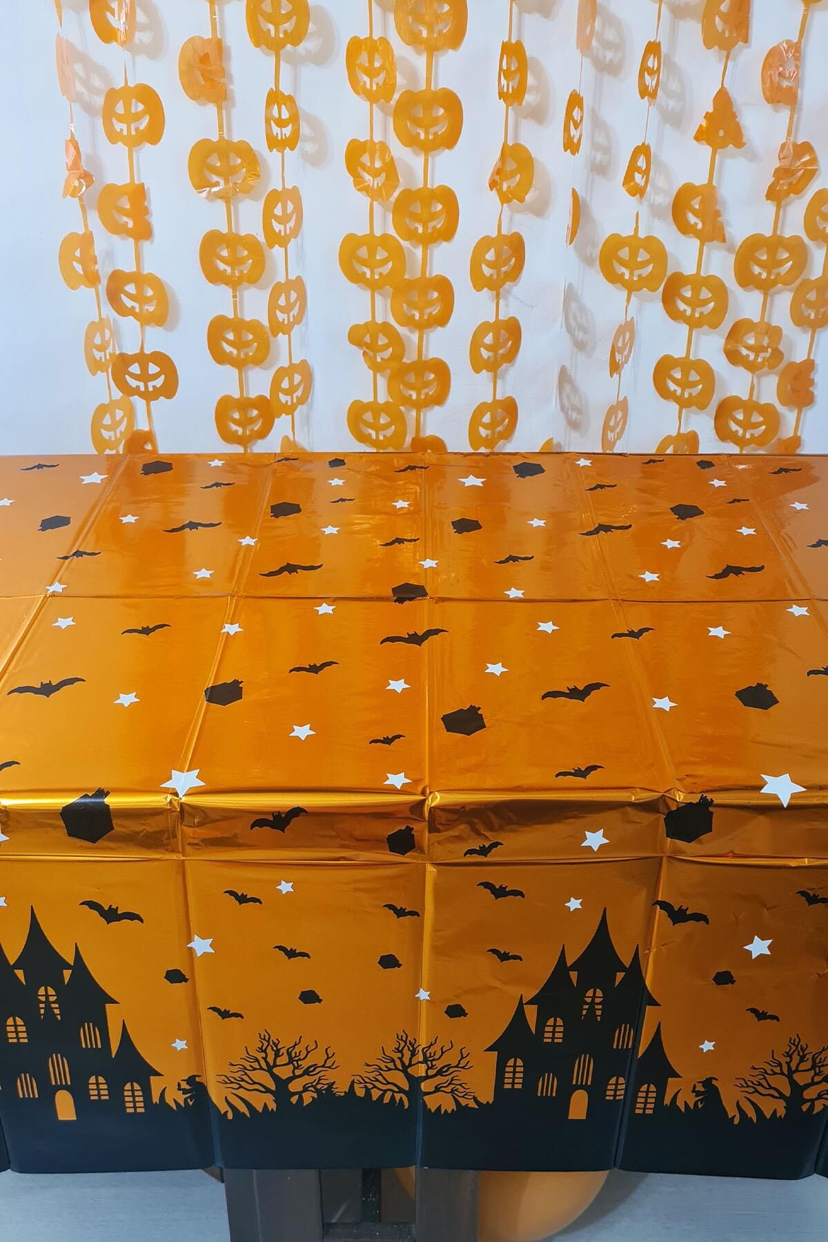 Halloween Masa Örtüsü Parlak Turuncu Cadılar Bayramı Desenli Masa Örtüsü Büyük Boy 135x180cm