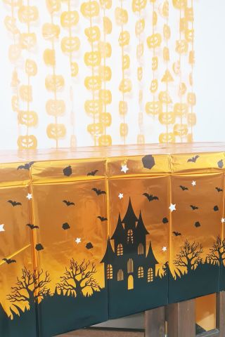 Halloween Masa Örtüsü Parlak Turuncu Cadılar Bayramı Desenli Masa Örtüsü Büyük Boy 135x180cm