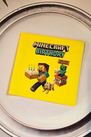 Minecraft Doğum Günü Peçetesi Sarı Kare Kumaş Dokulu 12 Adet