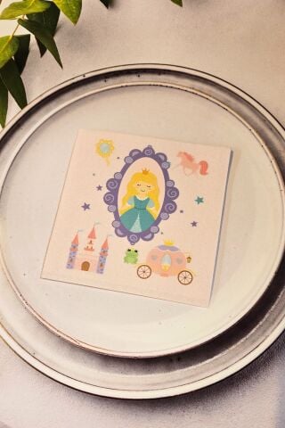 Prenses Tema Baskılı Peçete 12li Pembe Kare Kumaş Dokulu 12 Adet