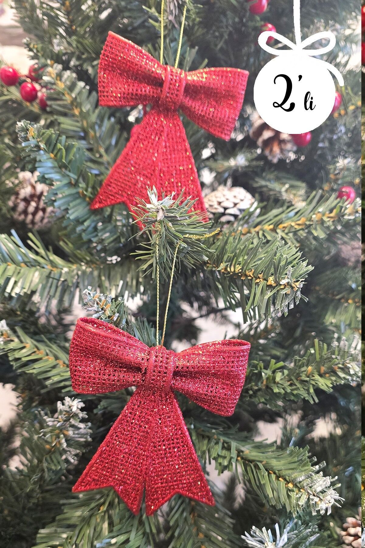 Kırmızı Fiyonk Süs Yılbaşı Ağacı Süsü 2li Paket 9x11 cm