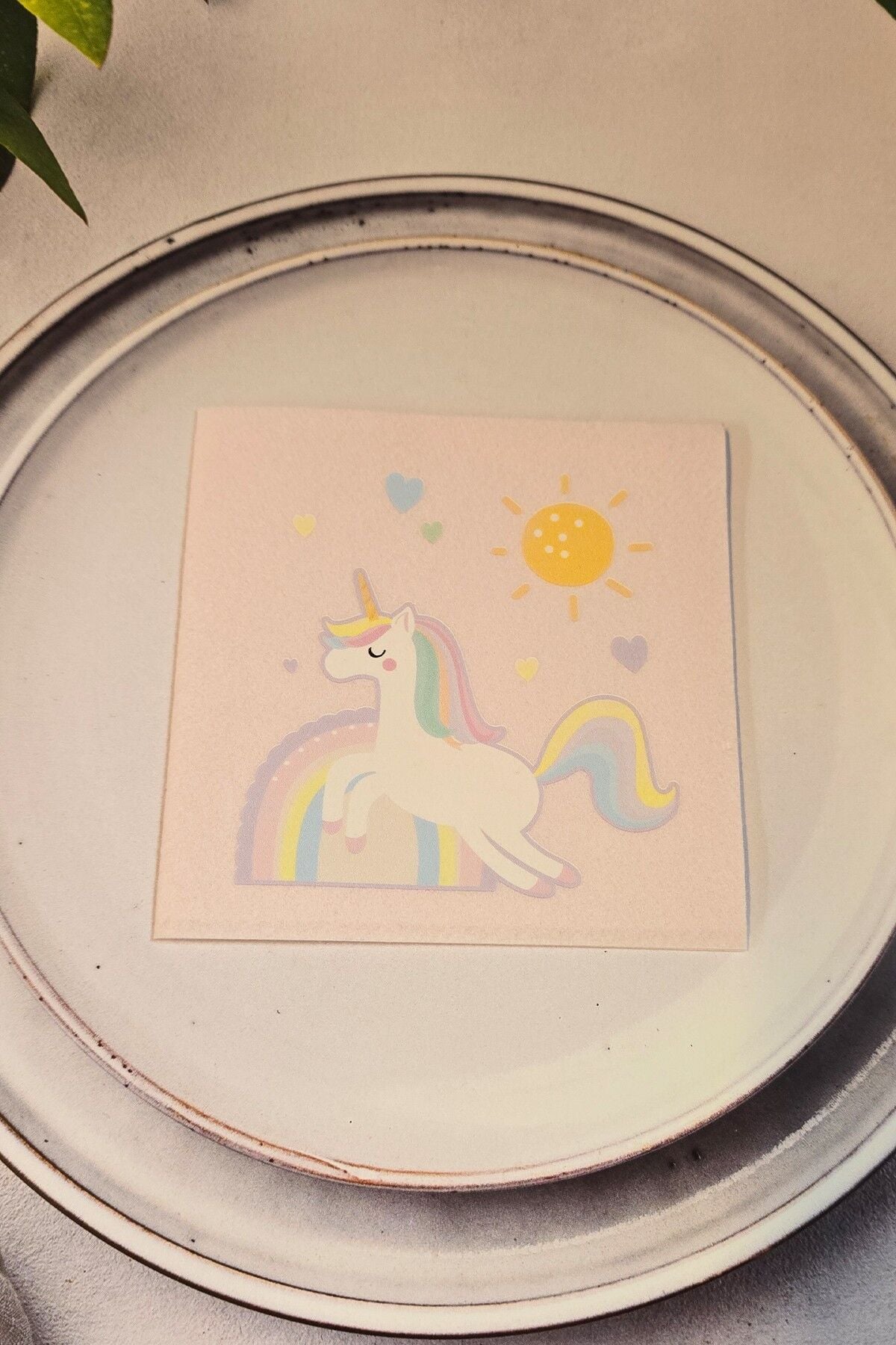 Unicorn Tasarım Baskılı Peçete Pembe Kare Kumaş Dokulu 12 Adet