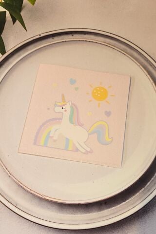 Unicorn Tasarım Baskılı Peçete Pembe Kare Kumaş Dokulu 12 Adet
