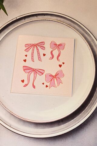 Pembe Kurdele Fiyonklar Tasarım Baskılı Peçete Pembe Kare Kumaş Dokulu 12 Adet