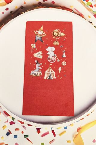 Sirk Konsept Baskılı Peçete Sirk Tema Doğum Günü Peçetesi Kırmızı 12li Paket