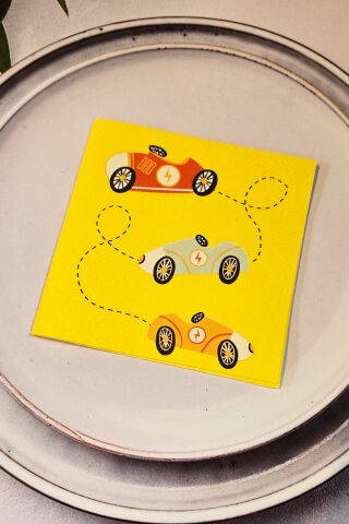Retro Yarış Arabaları Baskılı Sarı Kare Kumaş Dokulu Peçete 12 Adet