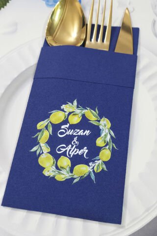 Kumaş Dokulu Cepli Lacivert Peçete Limon Konsept