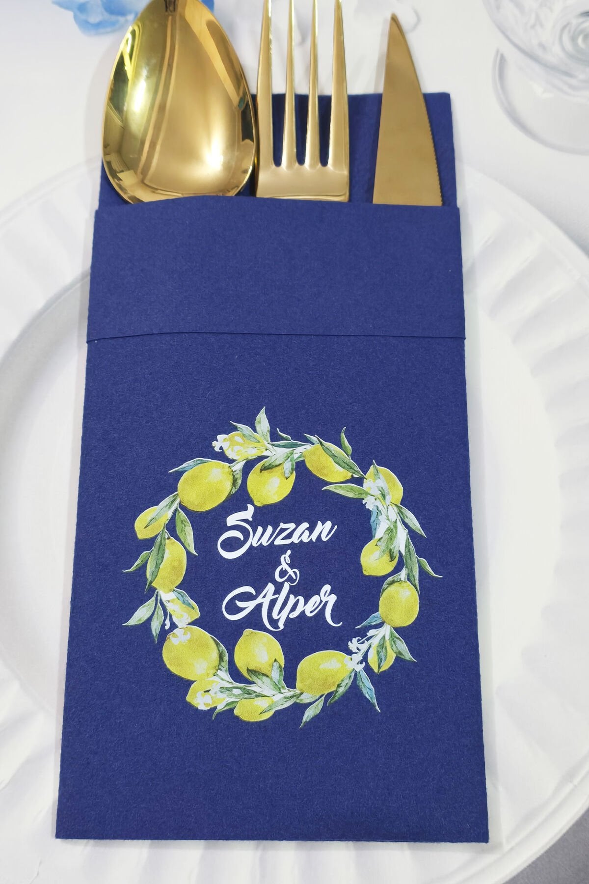 Kumaş Dokulu Cepli Lacivert Peçete Limon Konsept