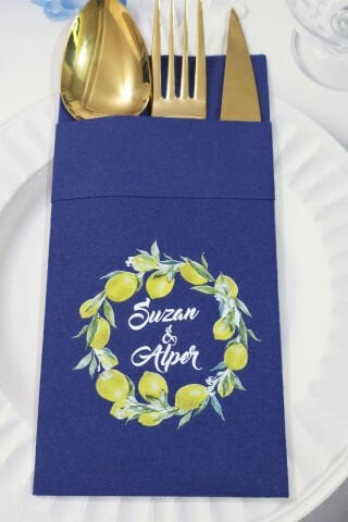 Kumaş Dokulu Cepli Lacivert Peçete Limon Konsept