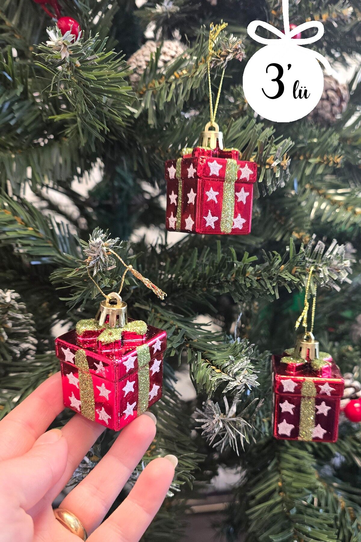 Hediye Paketi Şekilli Lüks Yılbaşı Ağacı Süsü 3lü Paket