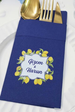 Kumaş Dokulu Cepli Lacivert Peçete Limon Bahçesi Konsept