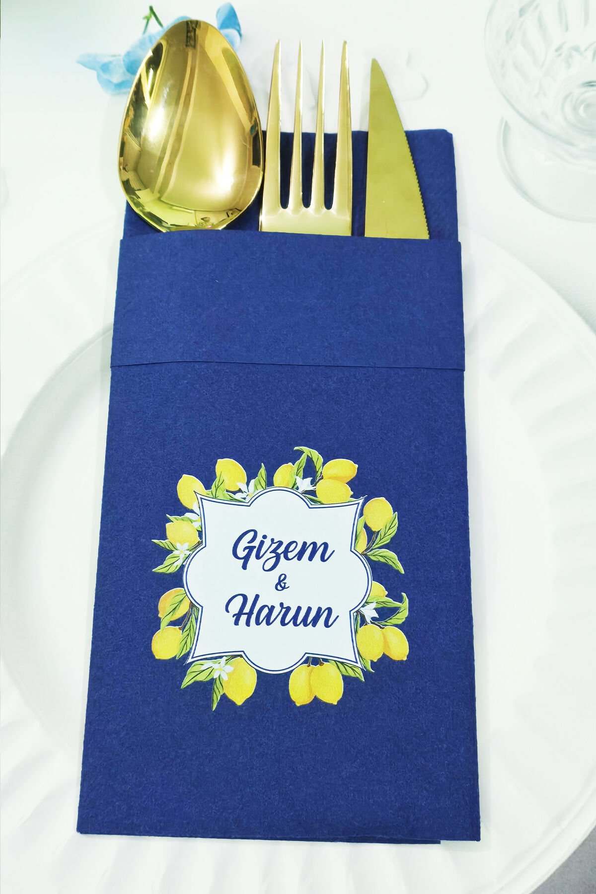 Kumaş Dokulu Cepli Lacivert Peçete Limon Bahçesi Konsept