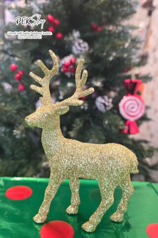 Simli Gold Geyik Süs Obje Yılbaşı Süsü Ayakta Durabilen Simli Parlak Gold Geyik