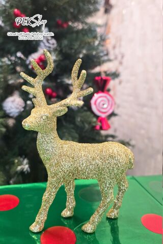 Simli Gold Geyik Süs Obje Yılbaşı Süsü Ayakta Durabilen Simli Parlak Gold Geyik