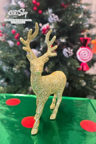 Simli Gold Geyik Süs Obje Yılbaşı Süsü Ayakta Durabilen Simli Parlak Gold Geyik