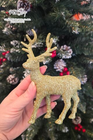 Simli Gold Geyik Süs Obje Yılbaşı Süsü Ayakta Durabilen Simli Parlak Gold Geyik