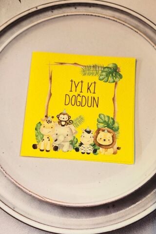 Safari Tema Doğum Günü Peçetesi Sarı Kare Kumaş Dokulu Peçete 12 Adet