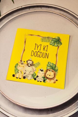 Safari Tema Doğum Günü Peçetesi Sarı Kare Kumaş Dokulu Peçete 12 Adet