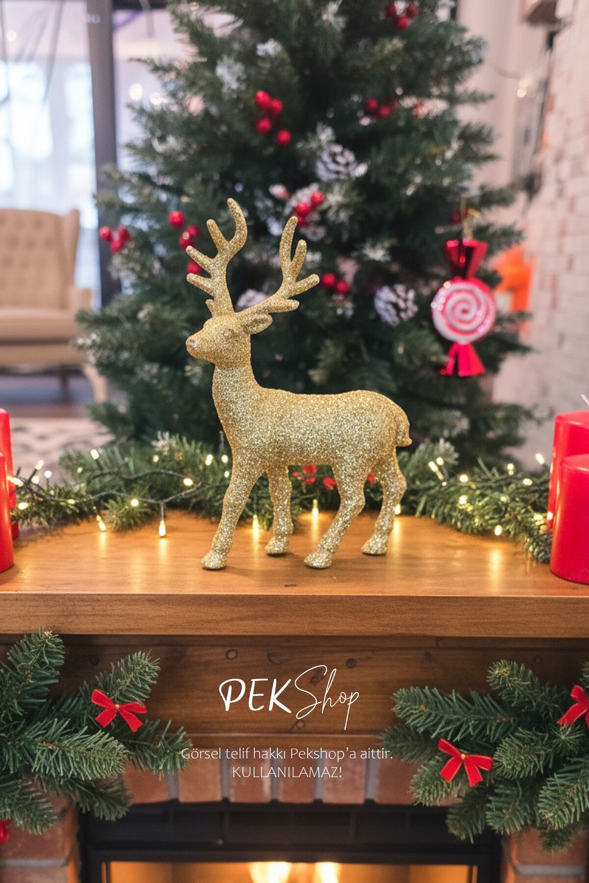 Simli Gold Geyik Süs Obje Yılbaşı Süsü Ayakta Durabilen Simli Parlak Gold Geyik