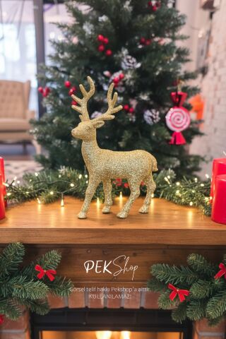 Simli Gold Geyik Süs Obje Yılbaşı Süsü Ayakta Durabilen Simli Parlak Gold Geyik